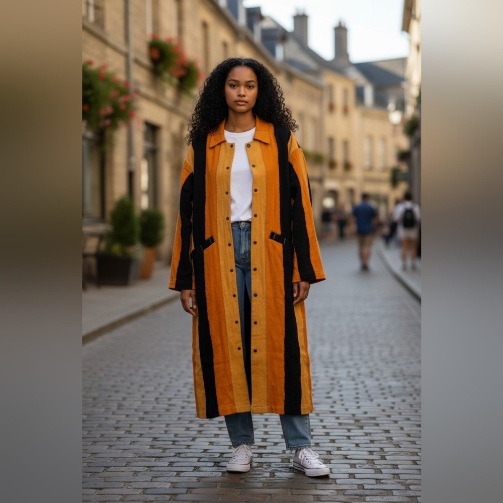 Larry Jay Ghanaian Designer Stylish Long Orange and Indigo Coat